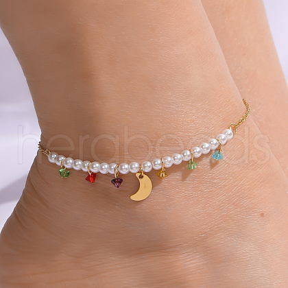 Stainless Steel & Imitation Pearl Moon Pendant Anklets for Women FL7055-1