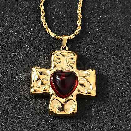 Cross with Heart 304 Stainless Steel Cubic Zirconia Pendant Necklaces NJEW-H070-01G-01-1