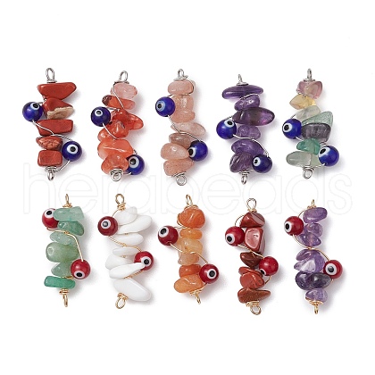 Natural Gemstone/Glass Chip Copper Wire Wrapped Handmade Lampwork Blue/Red Evil Eye Connector Charms PALLOY-JF02977-02-1