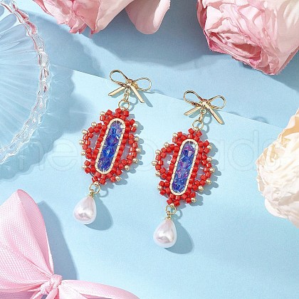 Transparent Electroplate Glass Beads Rhombus with Bowknot Dangle Stud Earrings EJEW-MZ00430-01-1