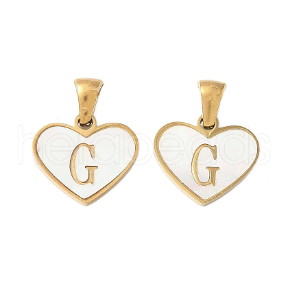 304 Stainless Steel Pave Natural White Shell Heart with Initial Slice Pendants STAS-R168-25G-G-1