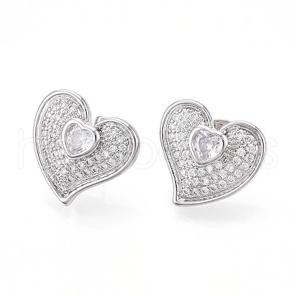 Heart Brass Pave Clear Cubic Zirconia Stud Earrings EJEW-M258-32P-1