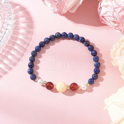 Shell Pearl Bead & Dyed Natural Lapis Lazuli & Yellow Jade & Carnelian Beaded Stretch Bracelets for Women BJEW-JB11938-03-1