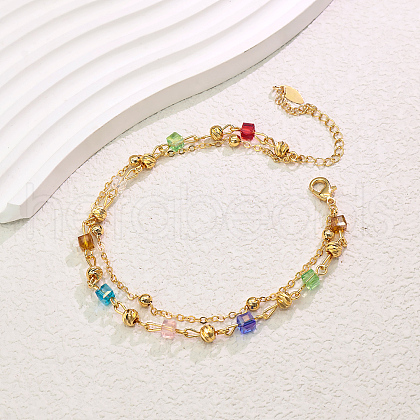 Elegant Vintage Style Brass Textured Round & Colorful Cube Glass Link Chain Double Layer Adjustable Ladies Anklets YV3185-3-1