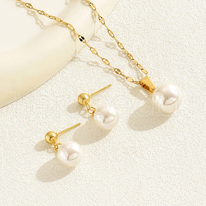 Plastic Imitation Pearls Round Pendant Necklaces & Stud Earring Sets CC4191-1
