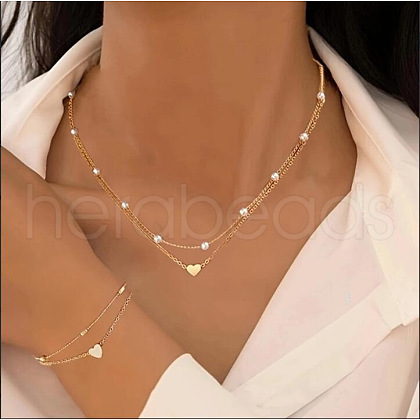 Heart Alloy & Plastic Imitation Pearls Round Beaded Necklaces & Double Layer Bracelets Sets FS-WGC2DB5-01-1