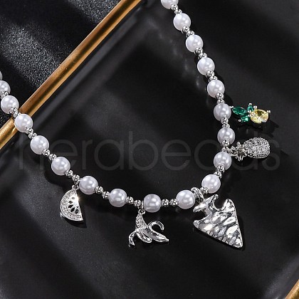Brass Micro Pave Clear Cubic Zirconia Beaded Necklaces NJEW-Z059-05P-1