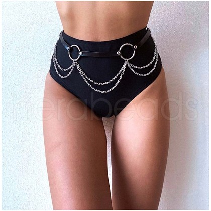 Punk Style Alloy Layered Chain PU Leather Chain Belts for Women FS-WGAE447-01-1
