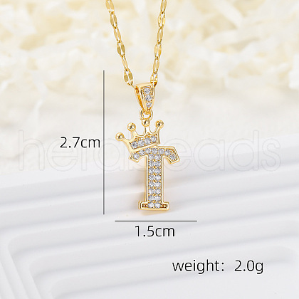 Brass Micro Pave Clear Cubic Zirconia Crown Initial Pendant Necklaces FS-WGD727C-20-1