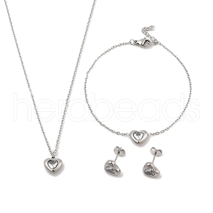 Heart 304 Stainless Steel Micro Pave Cubic Zirconia Pendant Necklaces & Bracelets & Stud Earrings Sets for Women SJEW-C004-13P-01-1