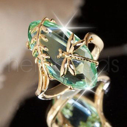 Leaf & Dragonfly Brass Glass Finger Rings FS-WGB6037-02-1