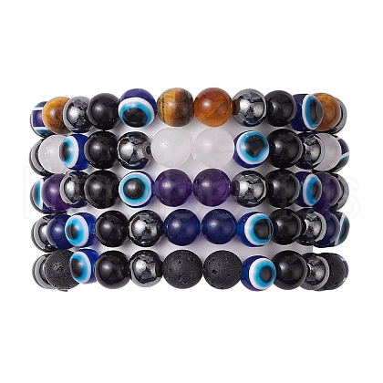 Round Gemstone Beaded Stretch Bracelets BJEW-JB11005-1