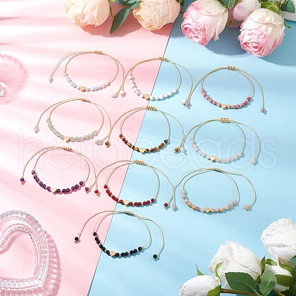 Heart Natural Gemstone Round Beads Braided Nylon Thread Bracelets for Women BJEW-MZ00166-1