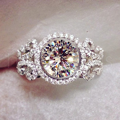 Flat Round Brass Micro Pave Clear Cubic Zirconia Finger Rings for Women FS-WG22049-01-1