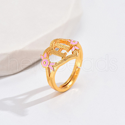 Heart & Flower Brass Pearl Pink Enamel Adjustable Finger Rings FS-WG8B9BA-07-1