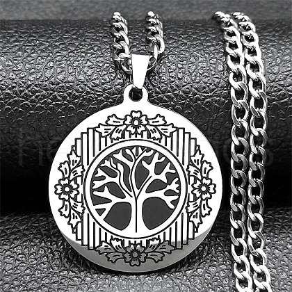 Stainless Steel Flat Round with Tree of Life Pendant Twisted Chain Necklace for Women PW-WG3FDD3-01-1