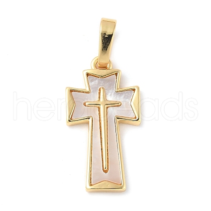 Brass Pave Natural White Shell Pendants KK-S522-01B-G-1