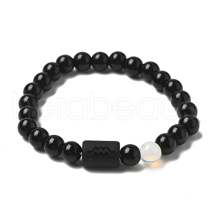 12 Constellations Protetion Aquamarine & Black Obsidian Round Beads Stretch Bracelets for Men Women WG083ED-11-1