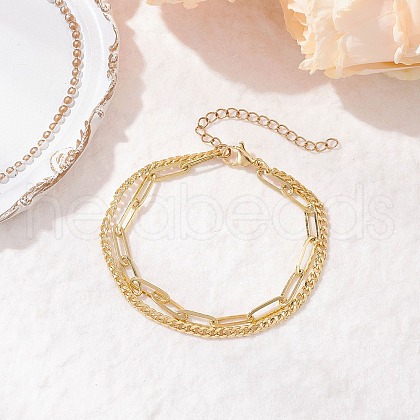 Brass Paperclip Chains & Curb Chains Double-layer Bracelets for Women BJEW-JB11815-1