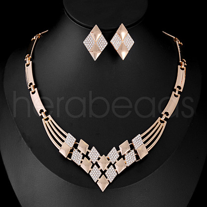 Rhombus Alloy Crystal Rhinestone Chain Necklaces & Stud Earrings Sets FS-WG42A89-01-1
