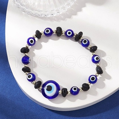 Natural Lava Rock & Handmade Lampwork Beads Stretch Bracelets BJEW-JB11984-03-1