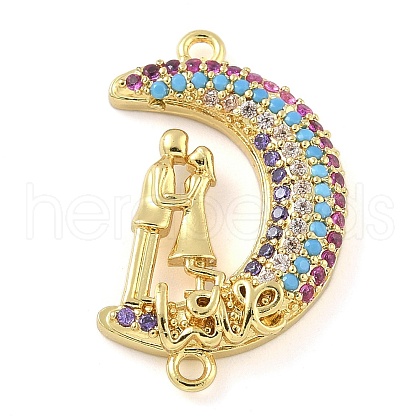 Rack Plating Brass Micro Pave Colorful Cubic Zirconia Moon with Couple Connector Charms KK-A234-083G-1