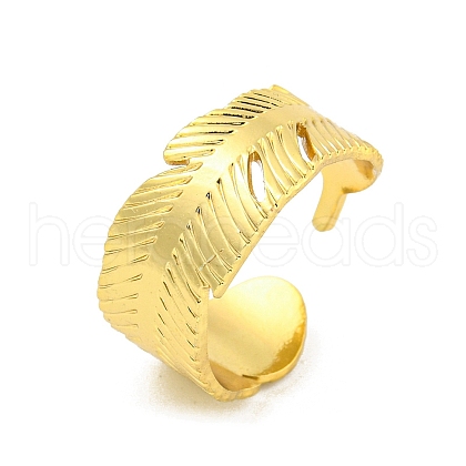304 Stainless Steel Feather Open Cuff Rings for Women RJEW-G321-09G-1