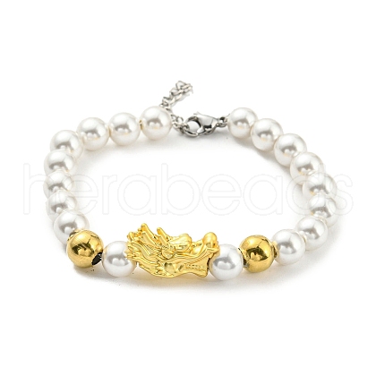 Rack Plating Brass Dragon & Plastic Pearl Beaded Bracelet BJEW-D030-01B-G-1