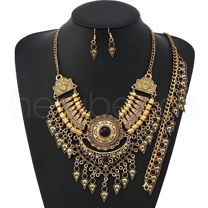 Alloy with Synthetic Turquoise Teardrop Tassel Pendant Necklaces & Dangle Earrings & Charm Bracelets Sets FS-WG69A95-02-1