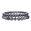 Round Natural Map Stone & Synthetic Non-magnetic Hematite Beaded Stretch Bracelet Sets WC8951-1-1