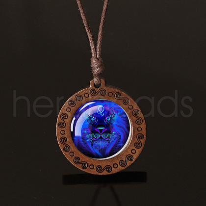 Flat Round with Twelve Constellations Blue Glass & Wood Pendant Waxed Leather Cord Necklace for Women Men WG486C3-05-1