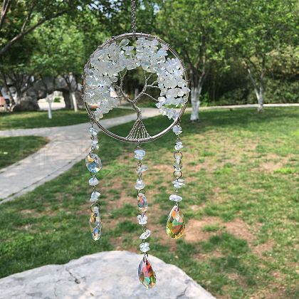 Metal Wire Wrapped Opalite Chips Flat Round with Tree of Life Pendant Decorations. Hanging Suncatchers TREE-PW0003-11A-1