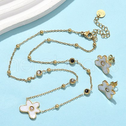Flower 304 Stainless Steel Pendant Necklaces & Stud Earrings Sets for Women SJEW-B020-02G-1
