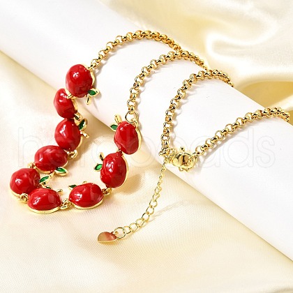 Teachers' Day Brass Red Enamel Fruit Link Chain Necklaces NJEW-K287-04B-G-1