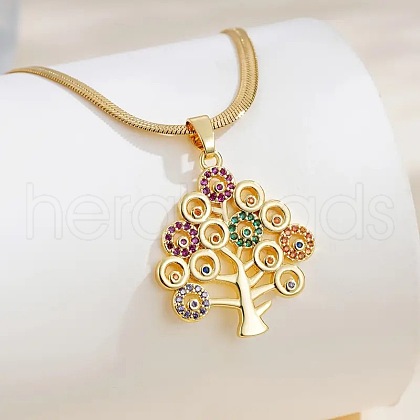 Brass Micro Pave Colorful Cubic Zirconia Tree Pendant Necklaces for Women FS-WG3591E-01-1