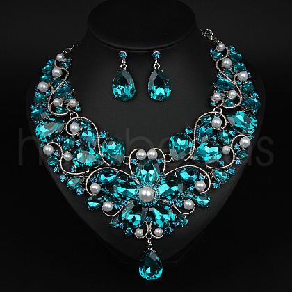 Teardrop Alloy Rhinestone Pendant Necklaces & Stud Earrings Sets for Women WG498A8-06-1