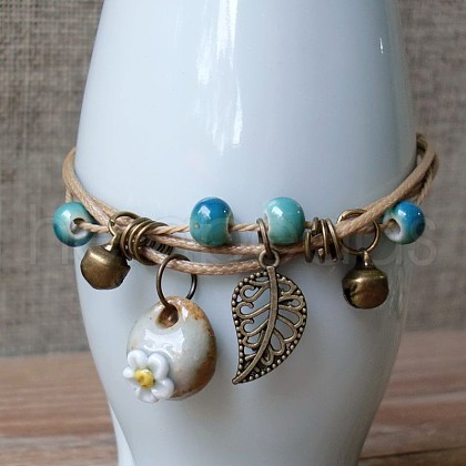 Adjustable Handmade Porcelain Flower Beads Braided Beads Bracelets WGFB2A7-07-1
