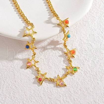 Bohemian 304 Stainless Steel & Dyed Colorful Synthetic Turquois Link Chain Necklaces for Women NJEW-M100-02G-03-1