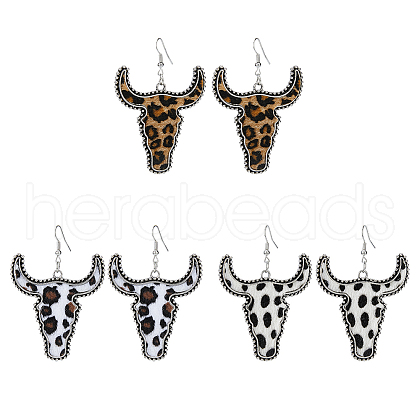 FIBLOOM 3 Pairs 3 Colors Imitation Leather Cattle Head Dangle Earrings for Women EJEW-FI0002-36-1