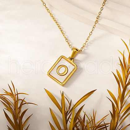 Rectangle Stainless Steel Pave Natural White Shell Initial Pendant Necklaces for Women FS-WGB5EDA-15-1