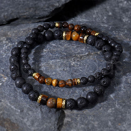 2Pcs Natural Yellow Tiger Eye & Lava Rock Round Beads Stretch Bracelet Set for Men Women LM4731-1