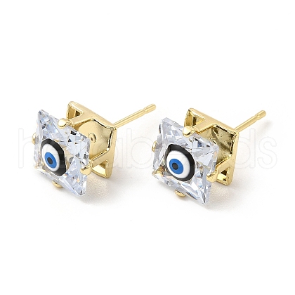 Square Glass with Enamel Evil Eye Stud Earrings EJEW-P210-03G-05-1