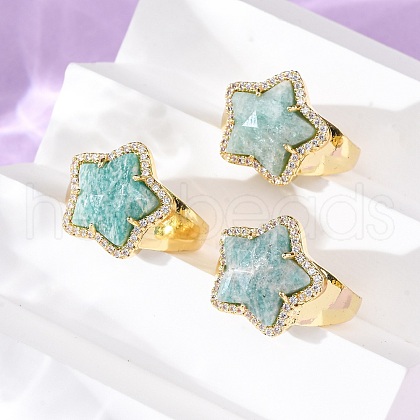 Star Natural Amazonite Cubic Zirconia Cuff Rings RJEW-M076-02G-07-1