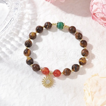 Natural Striped Agate & Tiger Eye Round Beaded Bracelets BJEW-JB11934-03-1