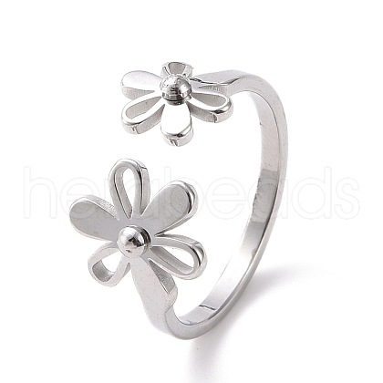 304 Stainless Steel Flower Open Cuff Ring for Women RJEW-D120-07P-1