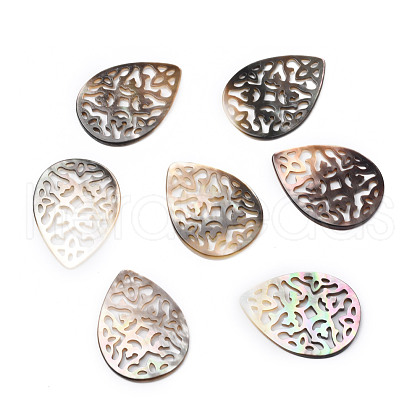 Hollow Natural Black Lip Shell Teardrop Pendants SSHEL-P004-15B-1