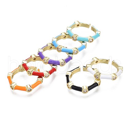 Clear Cubic Zirconia Bamboo Shape Open Cuff Ring with Enamel for Women RJEW-N035-101-1