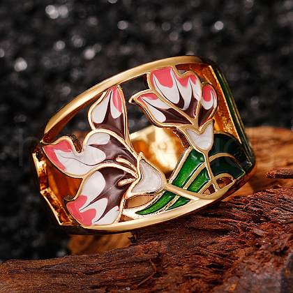 Flower Pattern Brass Enamel Finger Rings FS-WGFE972-04-1