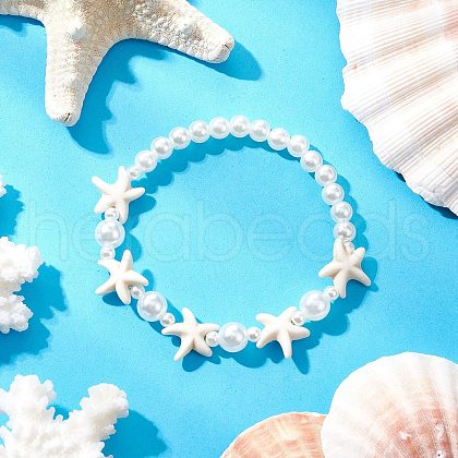 ABS Plastic Imitation Pearl Round Beads Stretch Bracelets BJEW-JB11869-01-1