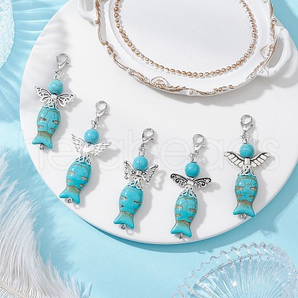 Synthetic Turquoise Beads with Tibetan Style Alloy Beads and 304 Stainless Steel Flat Head Pins and Zinc Alloy Lobster Claw Clasps Pendant Decorations HJEW-JM03199-1